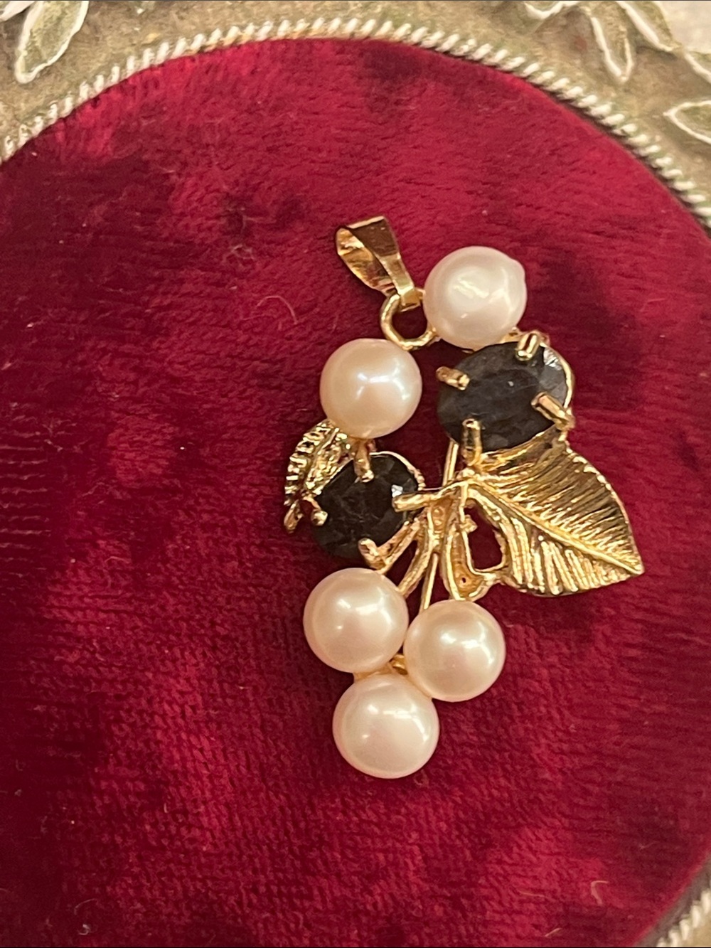 Gold Tone Pearl and Black Stone Leaf Pendant - Women Jewelry